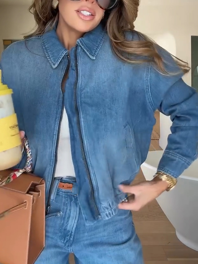 Women Lapel Zipper Washing Casual Denim Jacket