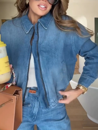 Women Lapel Zipper Washing Casual Denim Jacket