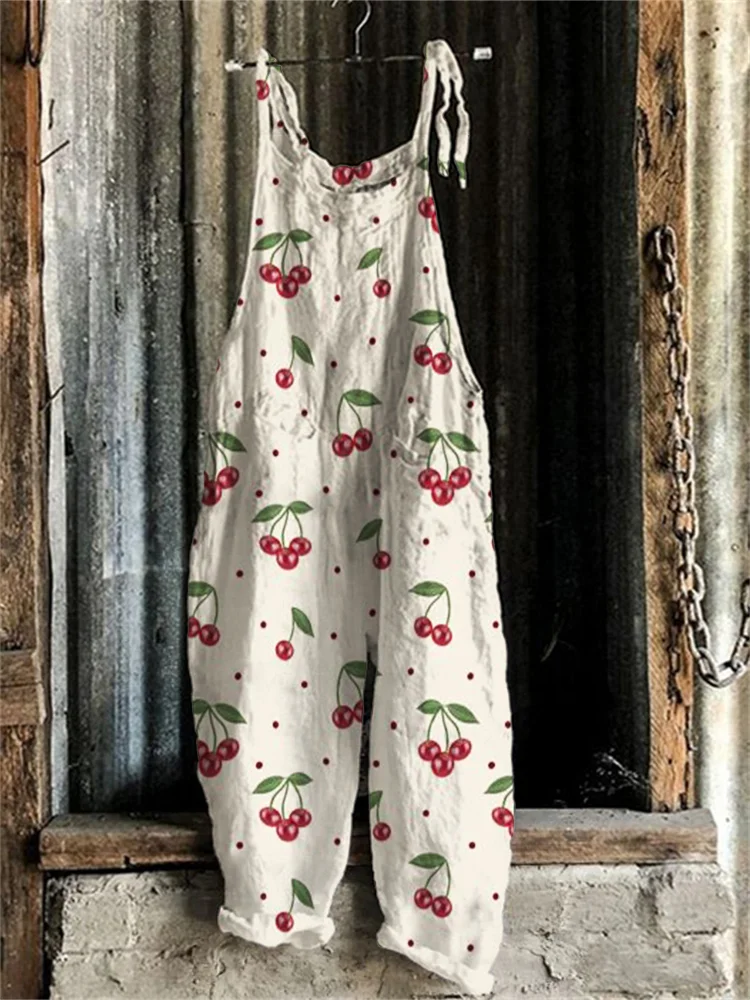 Cottage Cherry Polka Dots Linen Blend Jumpsuit