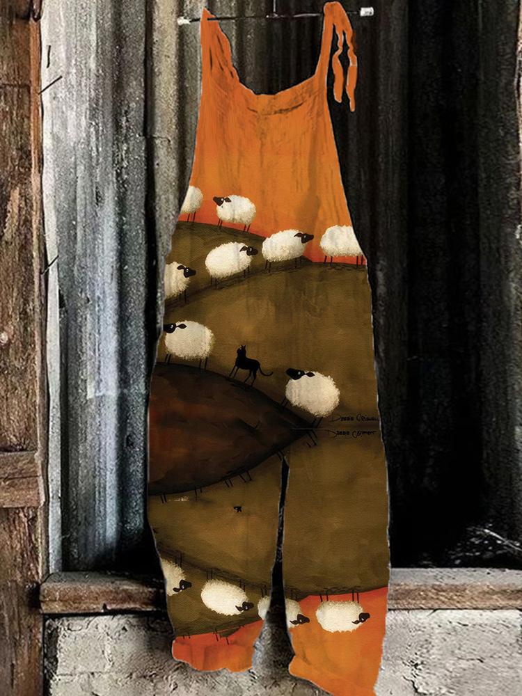 Farm Style Sheep Print Casual Jumpsuit