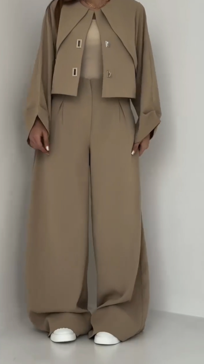 Ladies Round Neck Patchwork Jacket + Pants with A Casual Temperament Suit