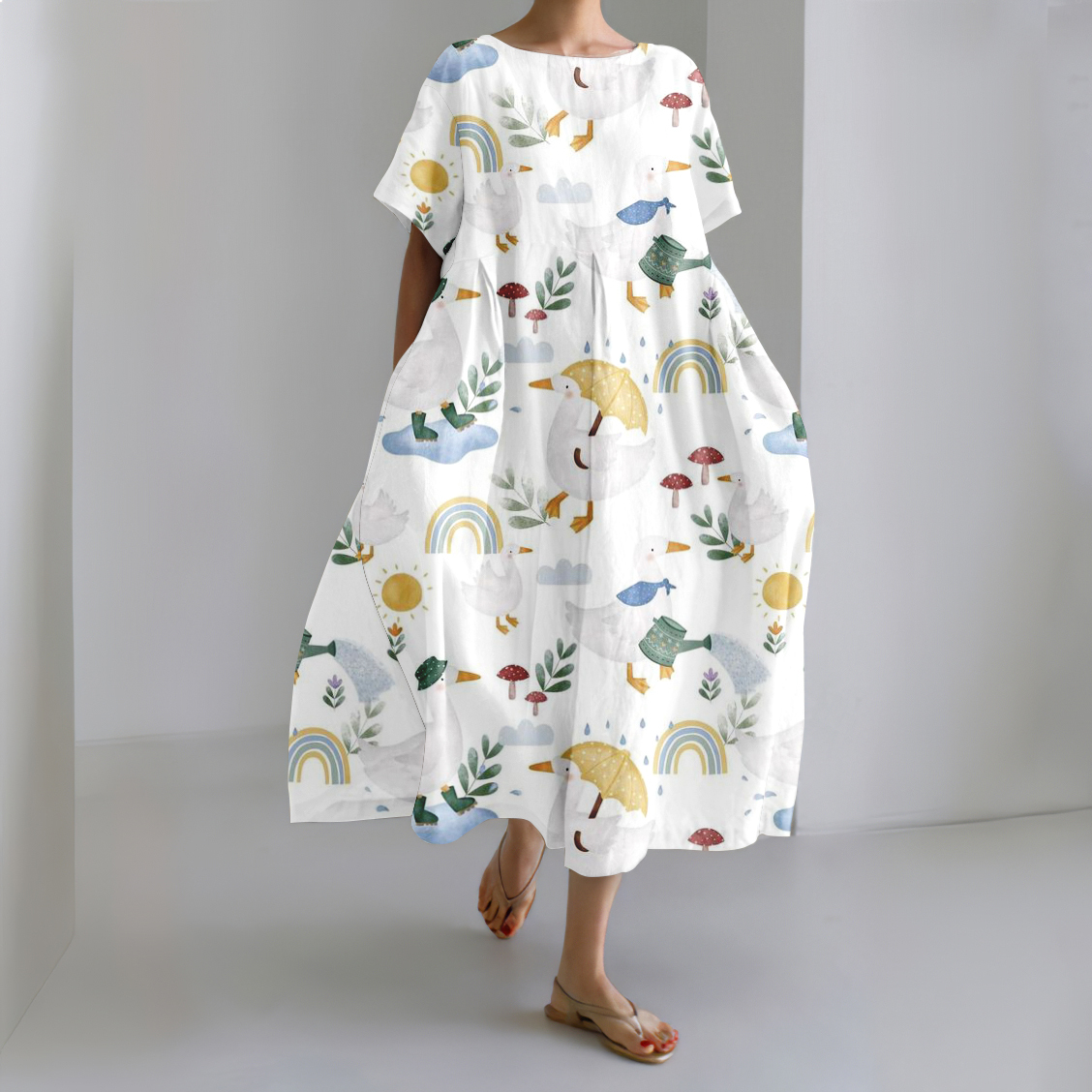 Cozy Cute Duck Flower Art Linen Blend Maxi Dress