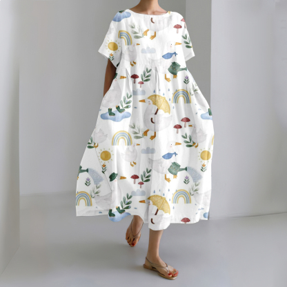 Cozy Cute Duck Flower Art Linen Blend Maxi Dress