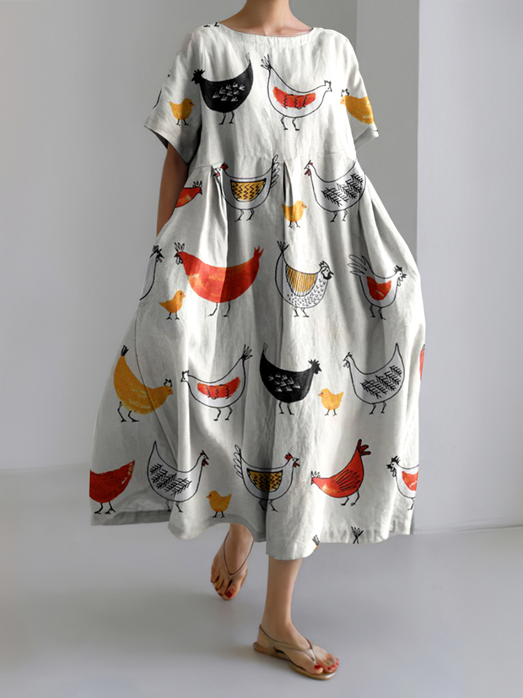 Farm Chicken Pattern Linen Blend Dress