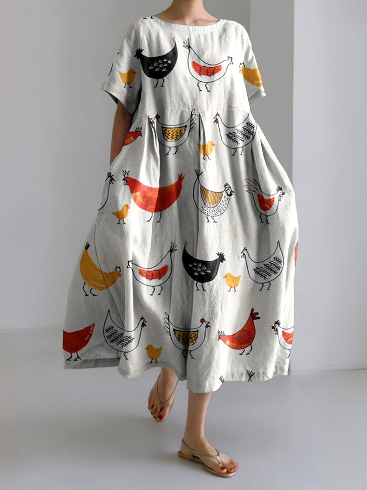 Farm Chicken Pattern Linen Blend Dress