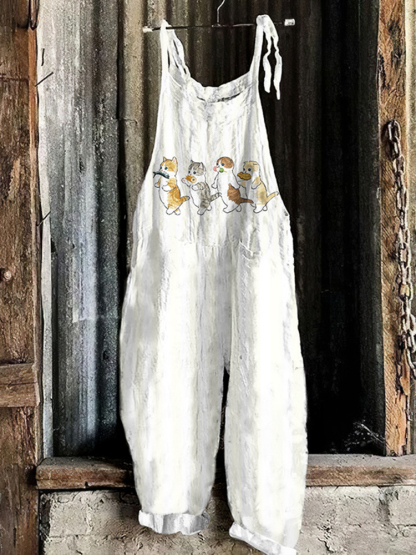 Vintage Cute Cats Art Linen Blend Loose Casual Jumpsuit