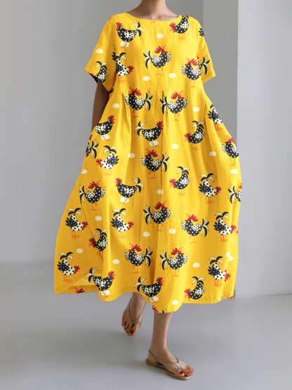 Retro Cute Polka Dot Chicken Linen Blend Maxi Dress