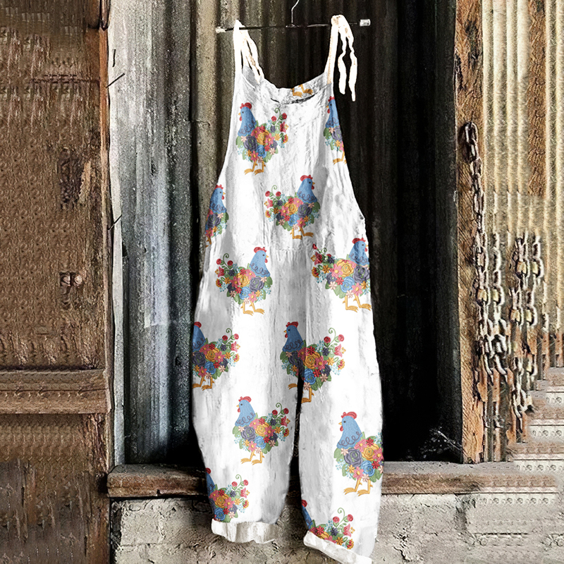 Fun Floral Chicken Pattern Linen Blend Comfy Jumpsuit