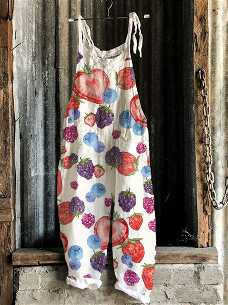 Fresh Berries Pattern Loose Fit Linen Blend Jumpsuit