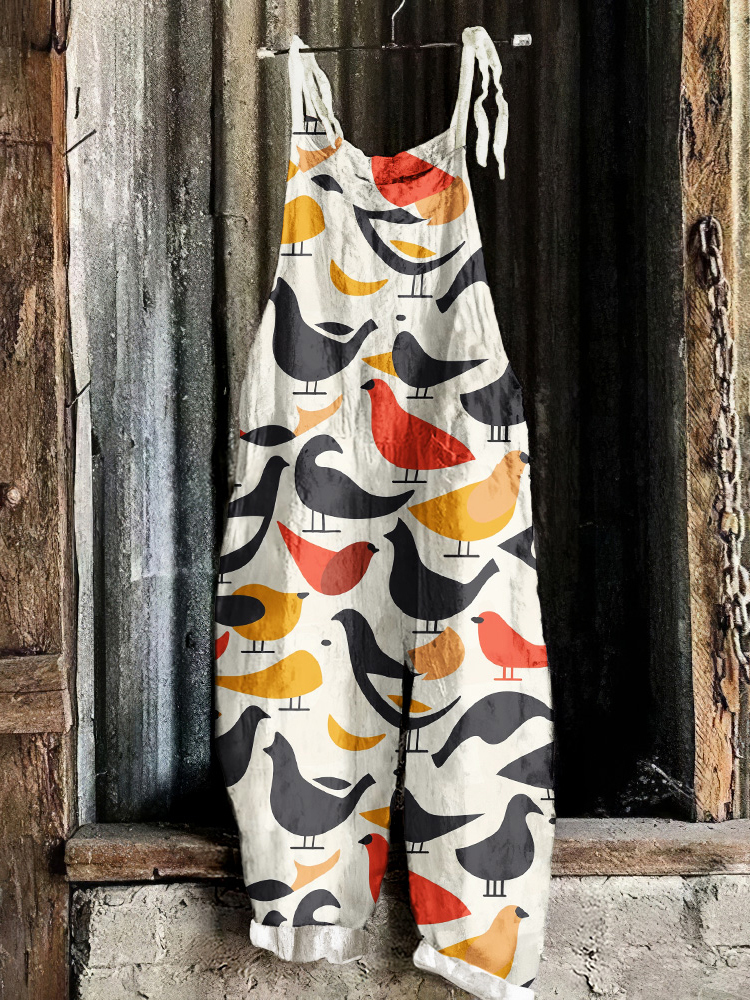Farm Chicken Art Pattern Linen Blend Jumpsuit