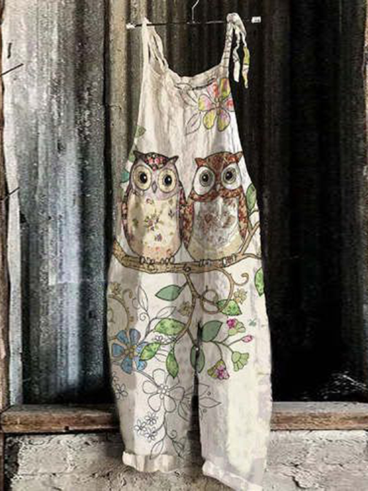 Women's Floral Owl Print Loose Casual Jumpsuit