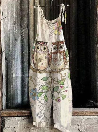 Women's Floral Owl Print Loose Casual Jumpsuit