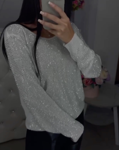 Women's V-neck Casual Top with Hotfix Rhinestones