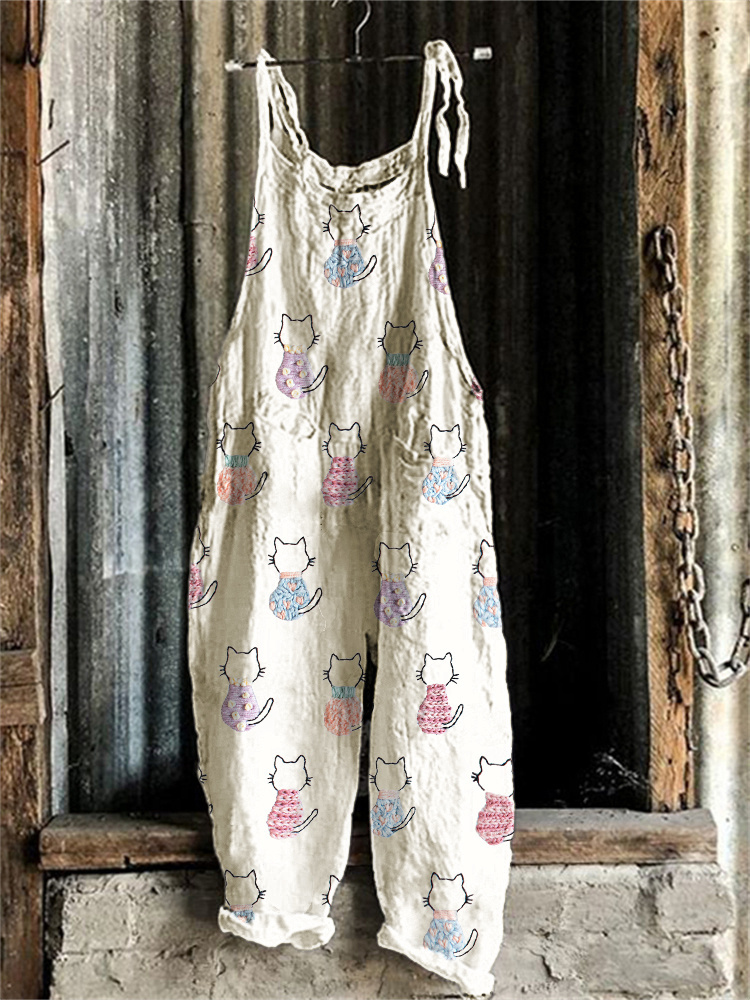 Cute Cat Embroidery Pattern Linen Blend Casual Jumpsuit