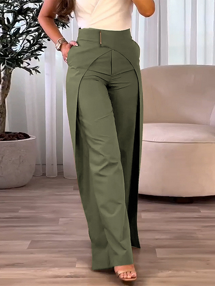 Fashion Women's Casual High Waist Overlap Asymmetric Elegant Solid Color Wide Leg Pants