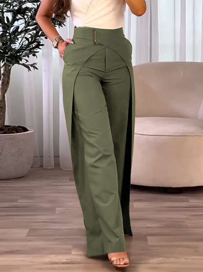 Fashion Women's Casual High Waist Overlap Asymmetric Elegant Solid Color Wide Leg Pants