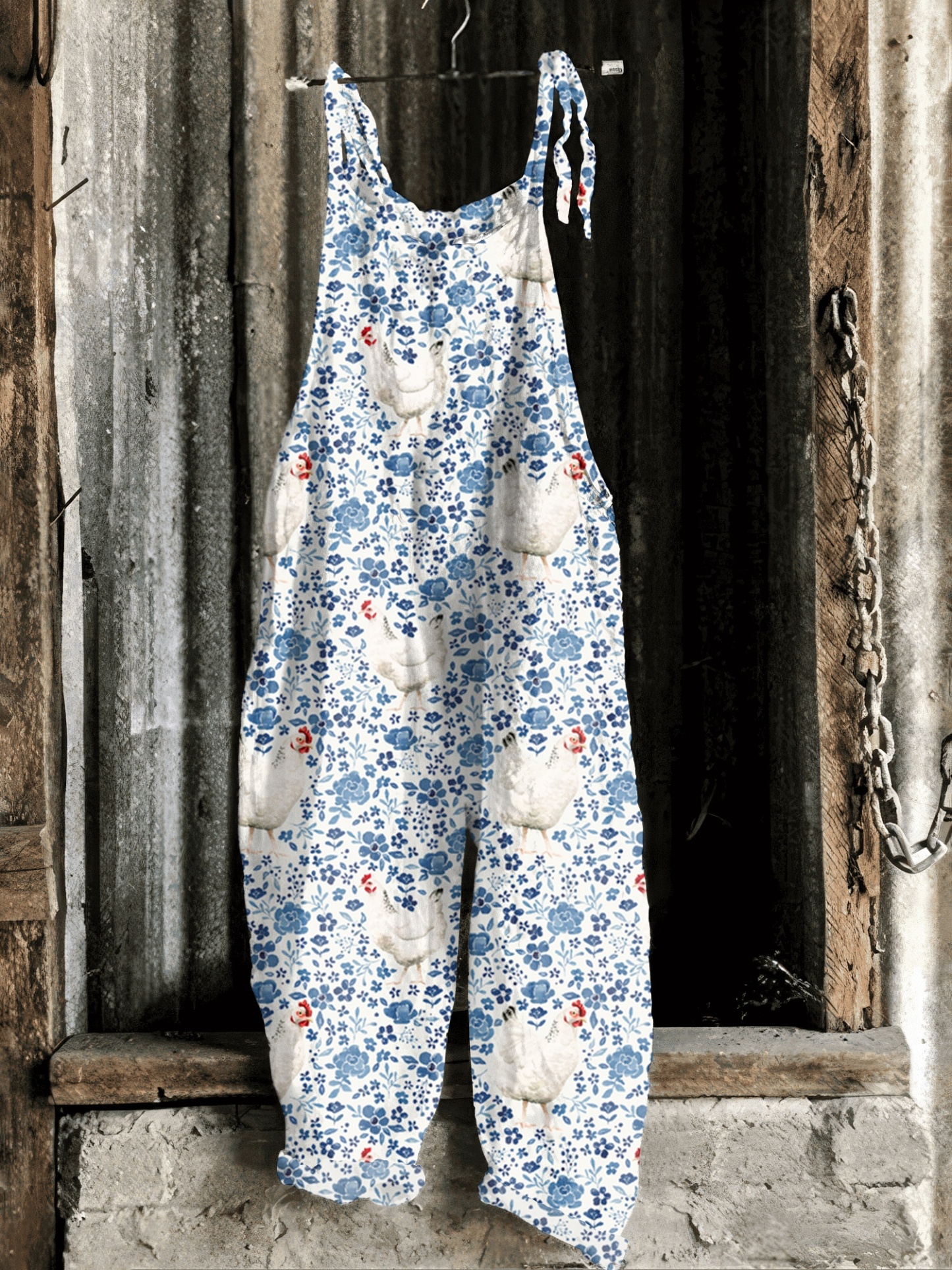 Farm Animal Chicken And Floral Print Casual Jumpsuit