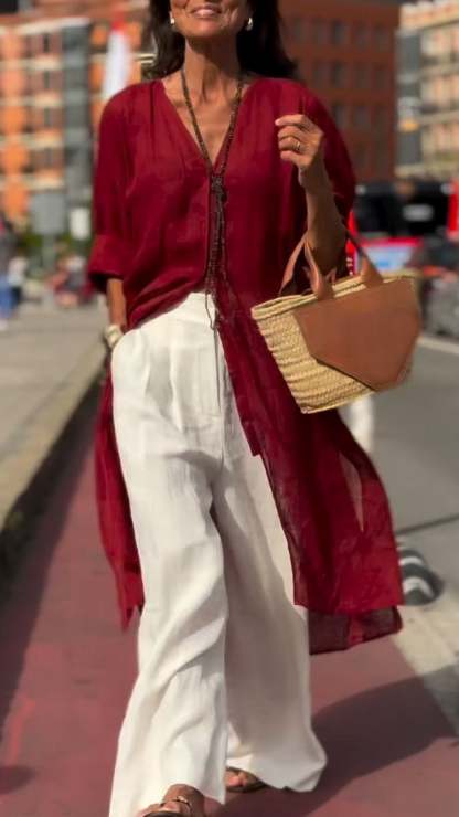 Women's V-neck Long Cotton and Linen Casual Comfortable Cardigan