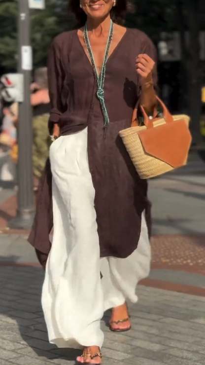 Women's V-neck Long Cotton and Linen Casual Comfortable Cardigan