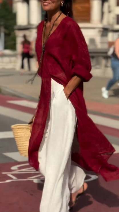 Women's V-neck Long Cotton and Linen Casual Comfortable Cardigan