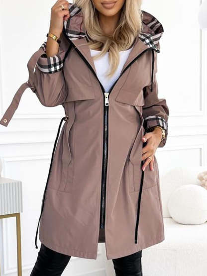 Women's Hooded Zipper Drawstring Plaid Print Casual Long Coat-XS-3XL