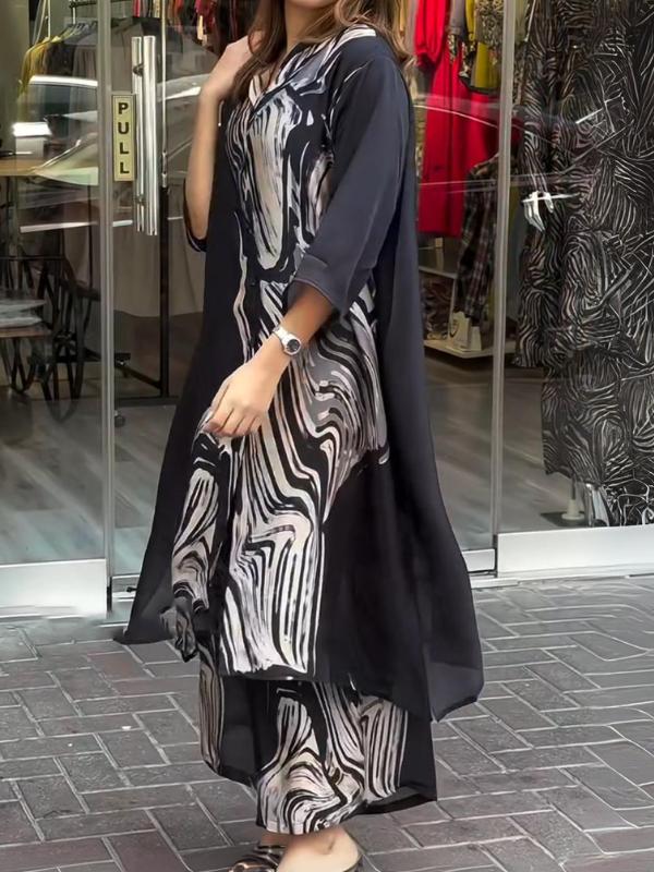 Women's Fashion Casual Lapel Button Print Black Shirt and Pants Two-Piece Set