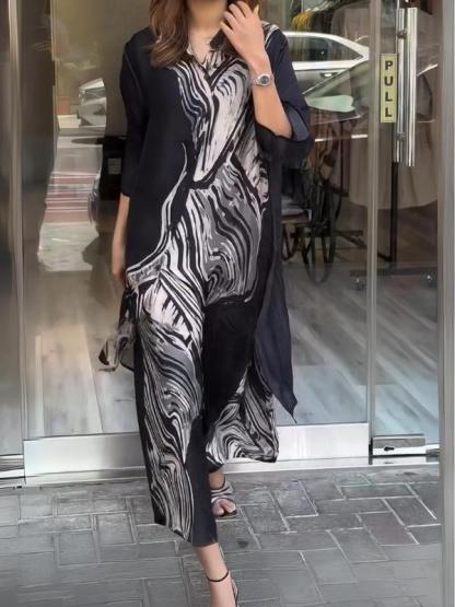 Women's Fashion Casual Lapel Button Print Black Shirt and Pants Two-Piece Set