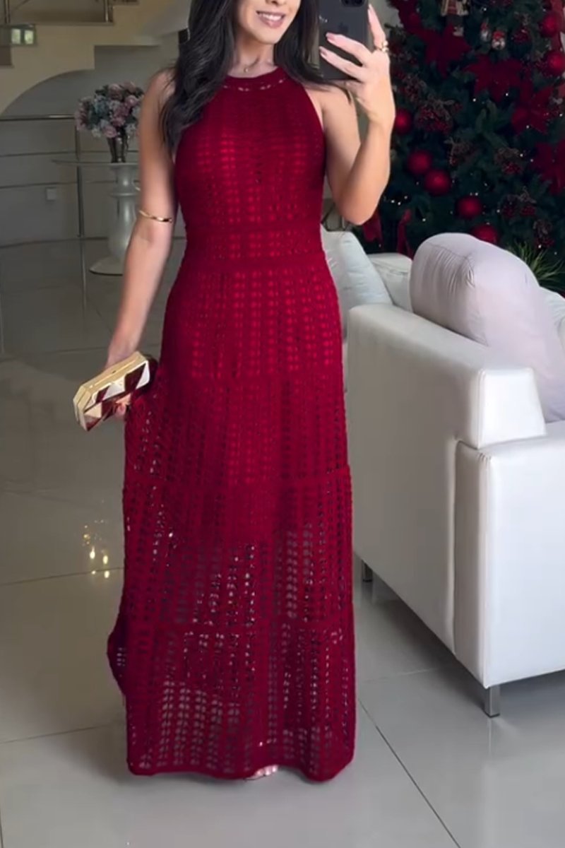 Women's Elegant Halter Neck Hollow Knitted Resort Dress