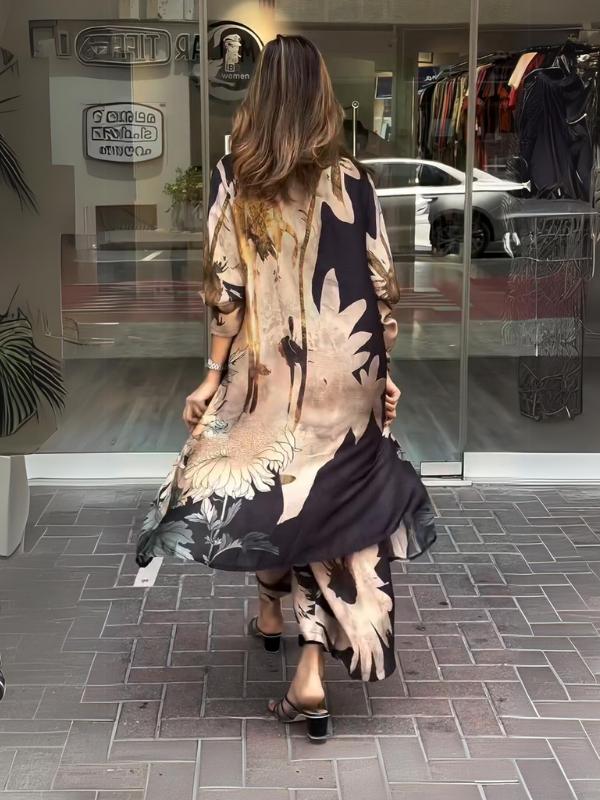 Women's Fashion Casual Lapel Button Print Black Shirt and Pants Two-Piece Set