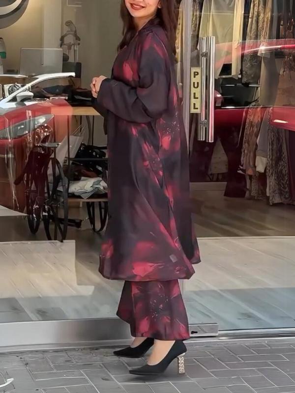 Women's Fashion Casual Lapel Button Print Black Shirt and Pants Two-Piece Set