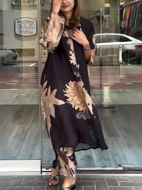 Women's Fashion Casual Lapel Button Print Black Shirt and Pants Two-Piece Set