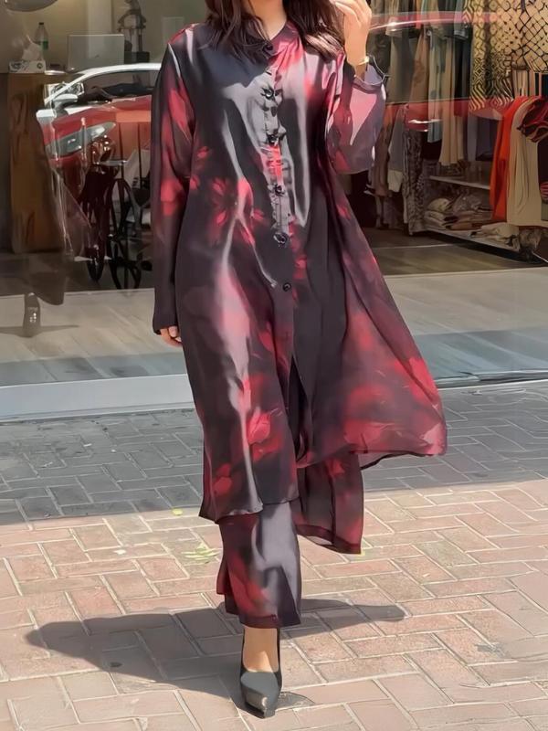 Women's Fashion Casual Lapel Button Print Black Shirt and Pants Two-Piece Set