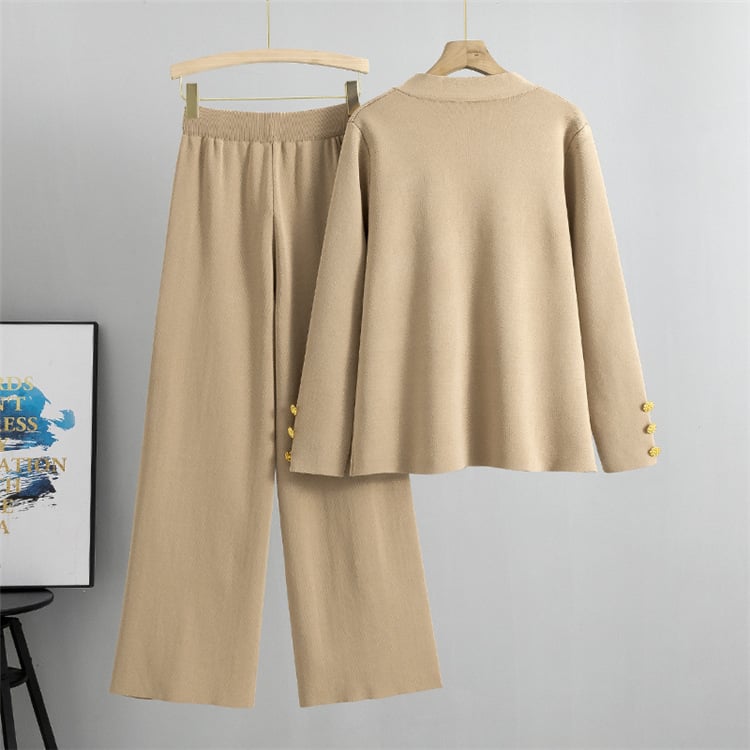 ✨Metal button wool sweater wide-leg pants suits
