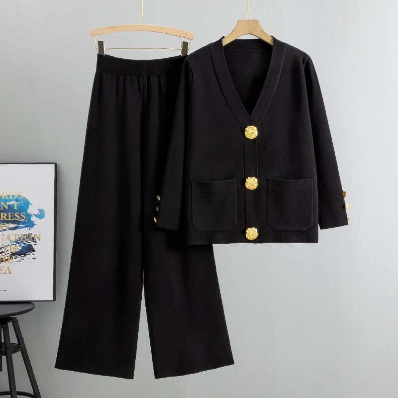 ✨Metal button wool sweater wide-leg pants suits