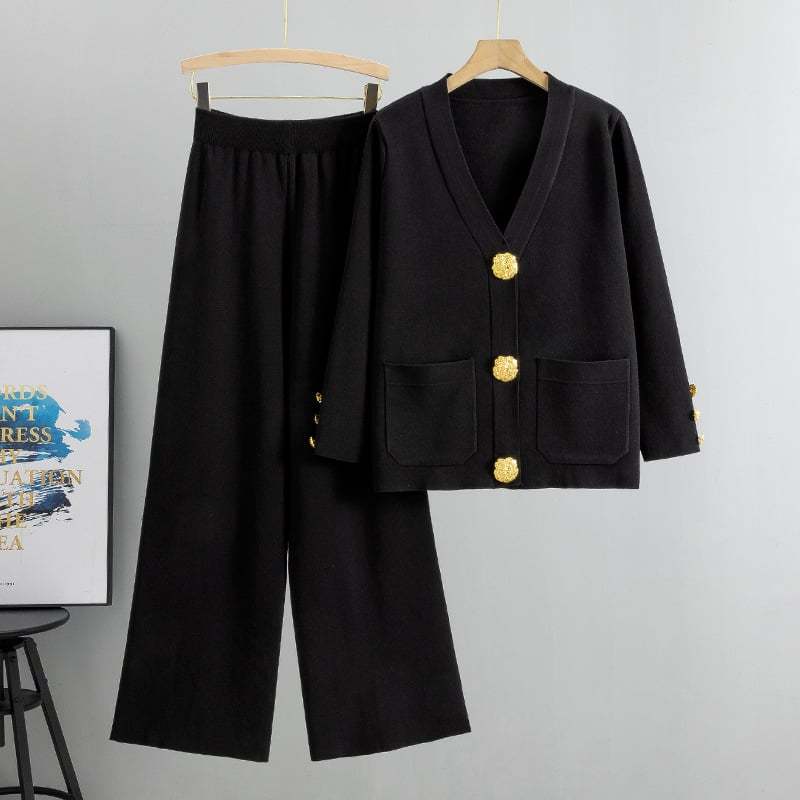 ✨Metal button wool sweater wide-leg pants suits