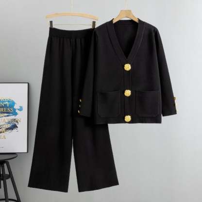 ✨Metal button wool sweater wide-leg pants suits