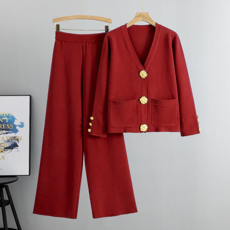 ✨Metal button wool sweater wide-leg pants suits
