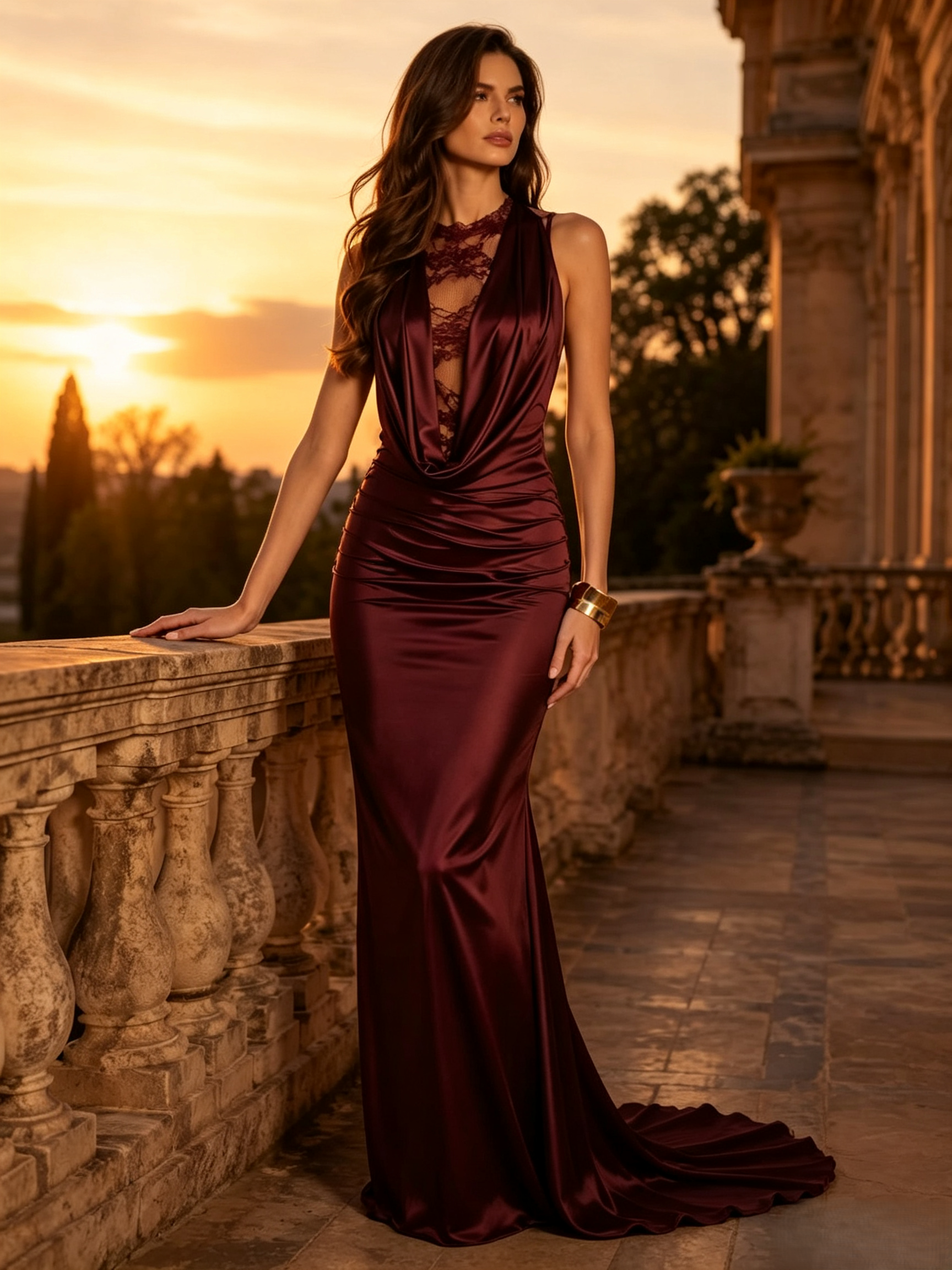 Burgundy Satin Cowl Halter Lace Insert Ruched Mermaid Train Evening Gown