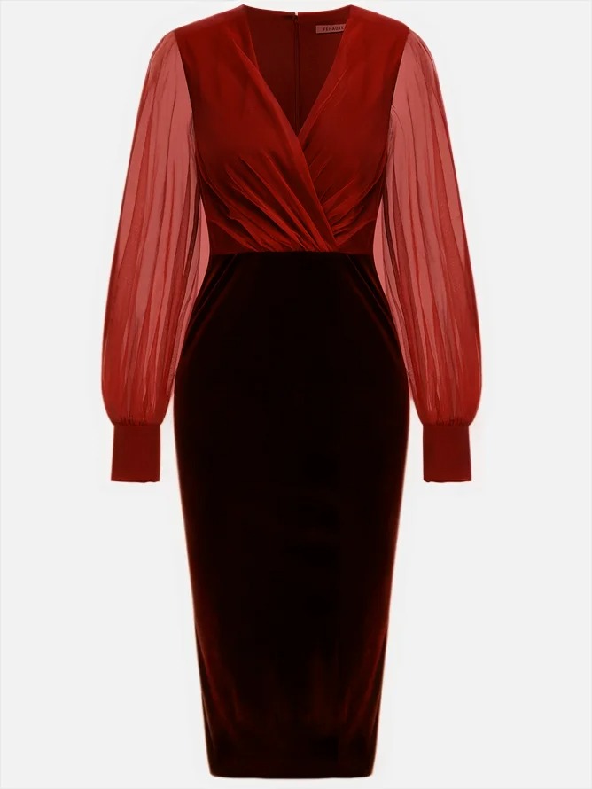 Blue Mesh Split Joint Balloon Sleeve Sheath Midi Velvet Dress