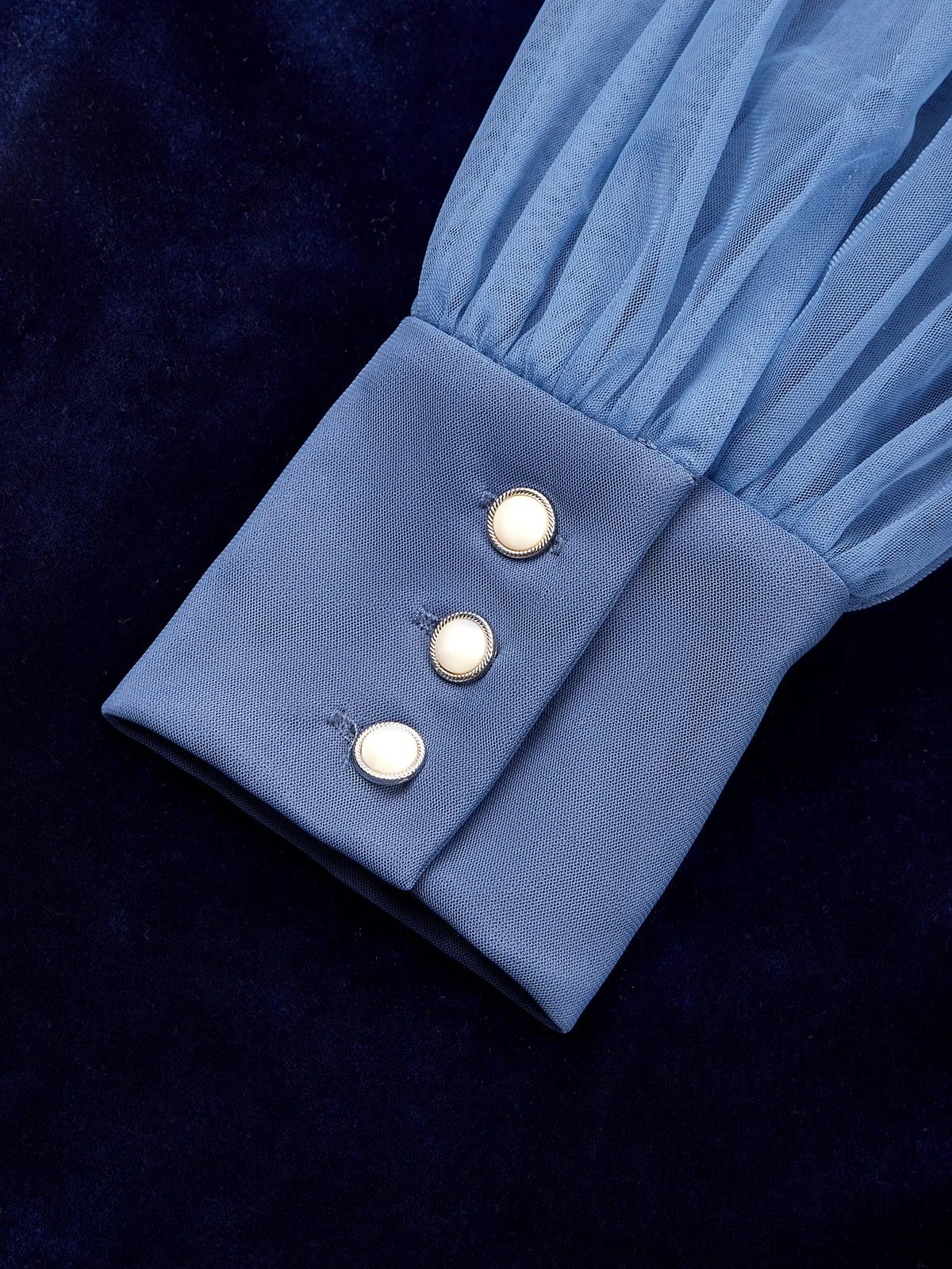 Blue Mesh Split Joint Balloon Sleeve Sheath Midi Velvet Dress