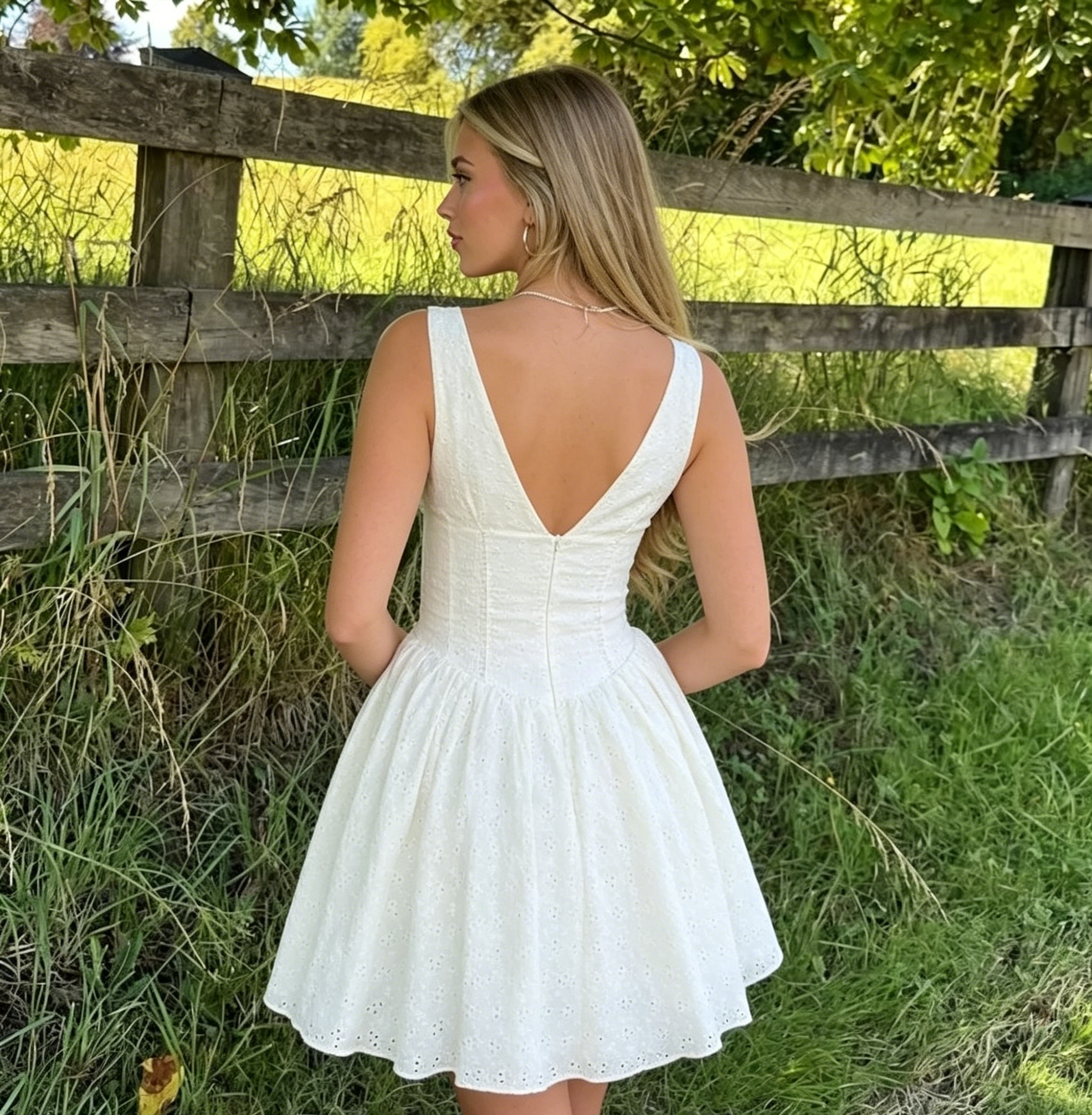 White Eyelet Corset Mini Dress with Scalloped V-Neck