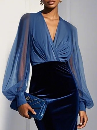 Blue Mesh Split Joint Balloon Sleeve Sheath Midi Velvet Dress