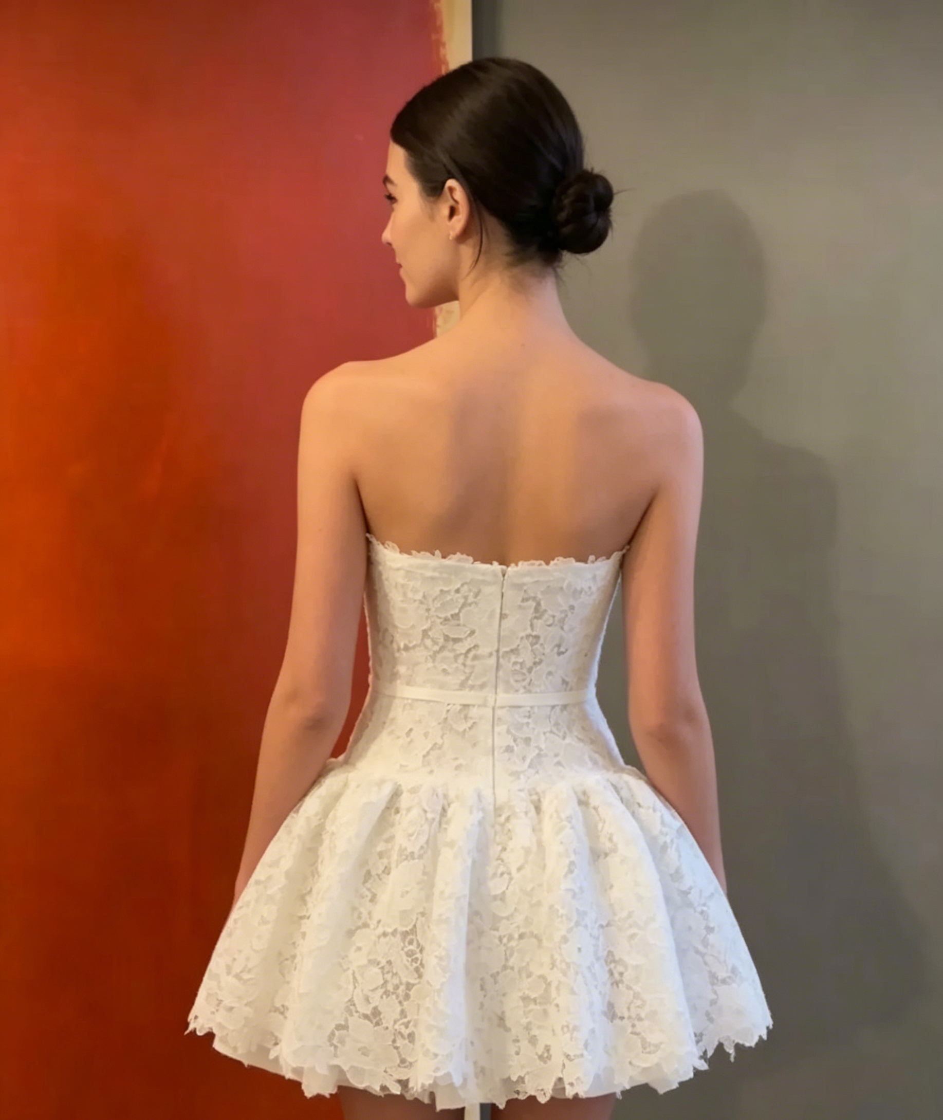 Women White Lace Strapless A-Line Mini Dress with Bow Waist