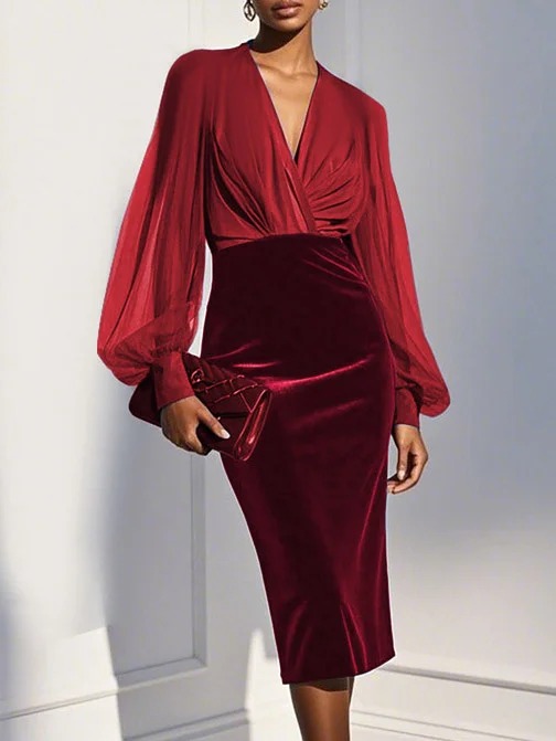 Blue Mesh Split Joint Balloon Sleeve Sheath Midi Velvet Dress