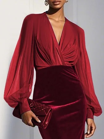 Blue Mesh Split Joint Balloon Sleeve Sheath Midi Velvet Dress