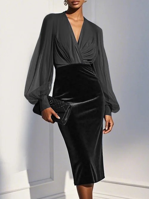 Blue Mesh Split Joint Balloon Sleeve Sheath Midi Velvet Dress