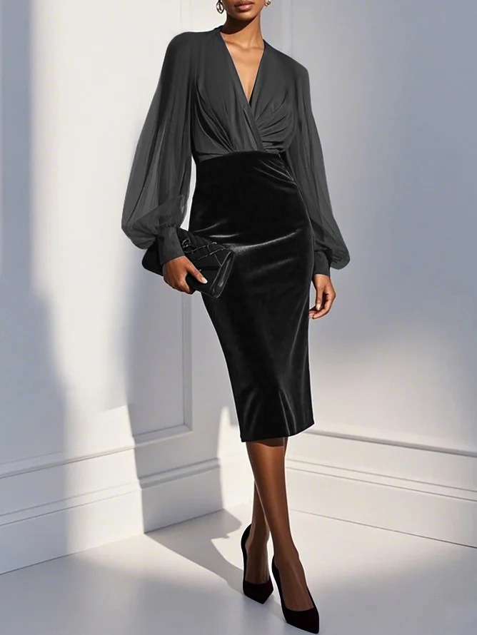 Blue Mesh Split Joint Balloon Sleeve Sheath Midi Velvet Dress