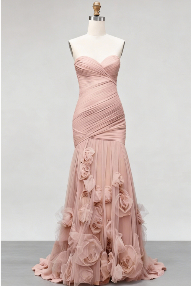 Pink 3D Floral Ruched Tulle Strapless Sleeveless Mermaid Maxi Dress