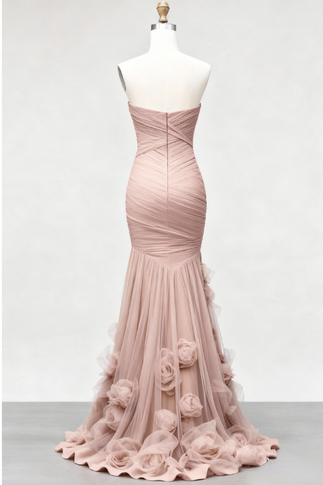 Pink 3D Floral Ruched Tulle Strapless Sleeveless Mermaid Maxi Dress