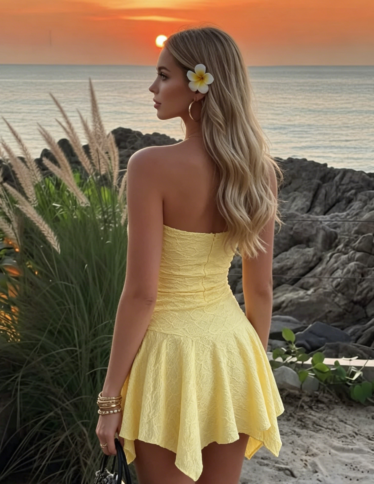 Lemon Yellow Strapless Textured Ruched Flared Hem Mini Dress